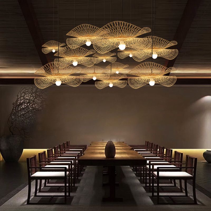 Nordic-Stil Suspension Pendellicht leichter beige schattiertes Anhänger Deckenlicht mit Bambusschatten