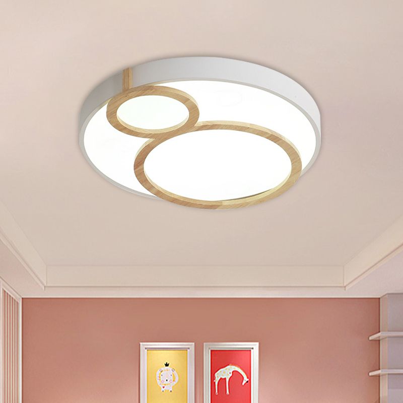 Circular Flush Mounted Light Fixture Macaron Acrylic White/Green/Grey and Wood LED Flush Lamp Fixture