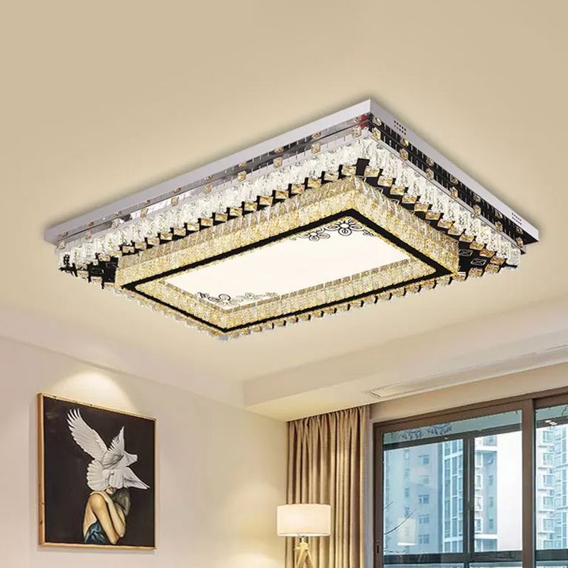 Rectangle Living Room Ceiling Fixture Clear Crystal LED Modern Flush Mount Light