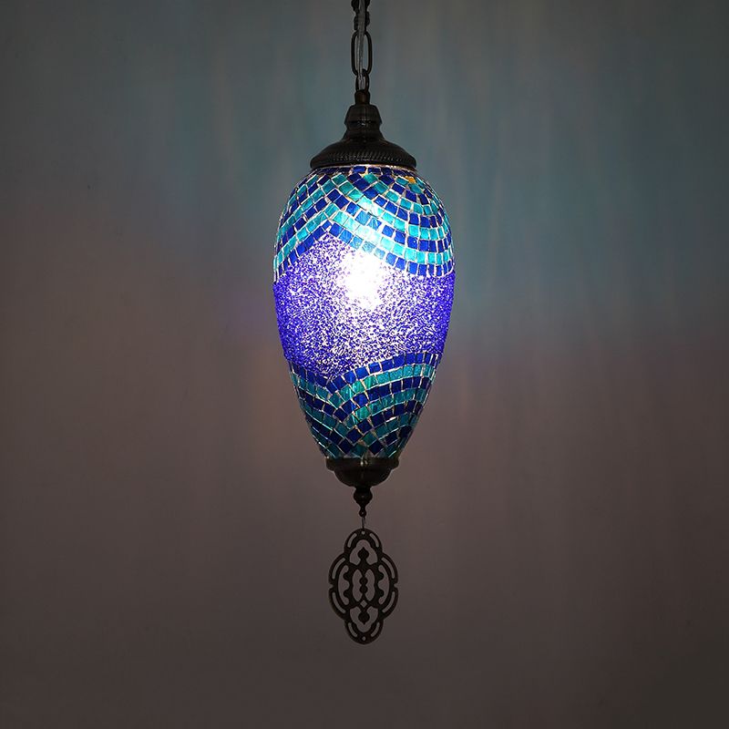 Traditionele druppel hanglamp 1 kop gebrandschilderde glazen plafondlicht in blauw en paars