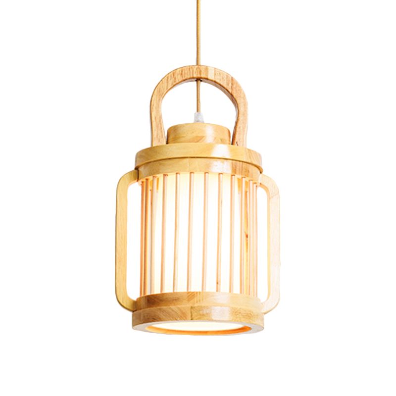 Water Jar Cage Bistro Pendant Lamp Wood Single Bulb Japanese Style Hanging Light Kit with Fabric Shade Inside