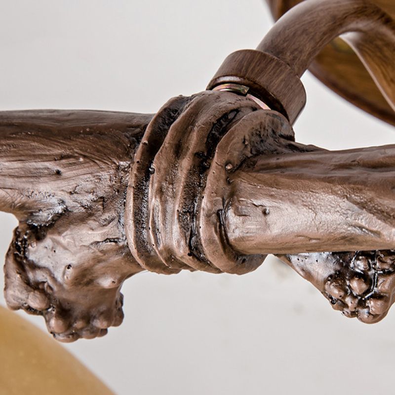 Dark Wood Cone Wall Lighting Rustic Resin and Glass 2-Light Corridor Sconce Lamp with Antler Deco