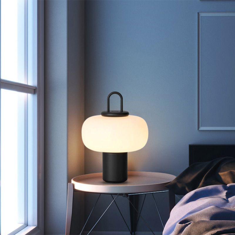 Black Lantern Table Lamp Postmodern 1-Light Ivory Glass Nightstand Light