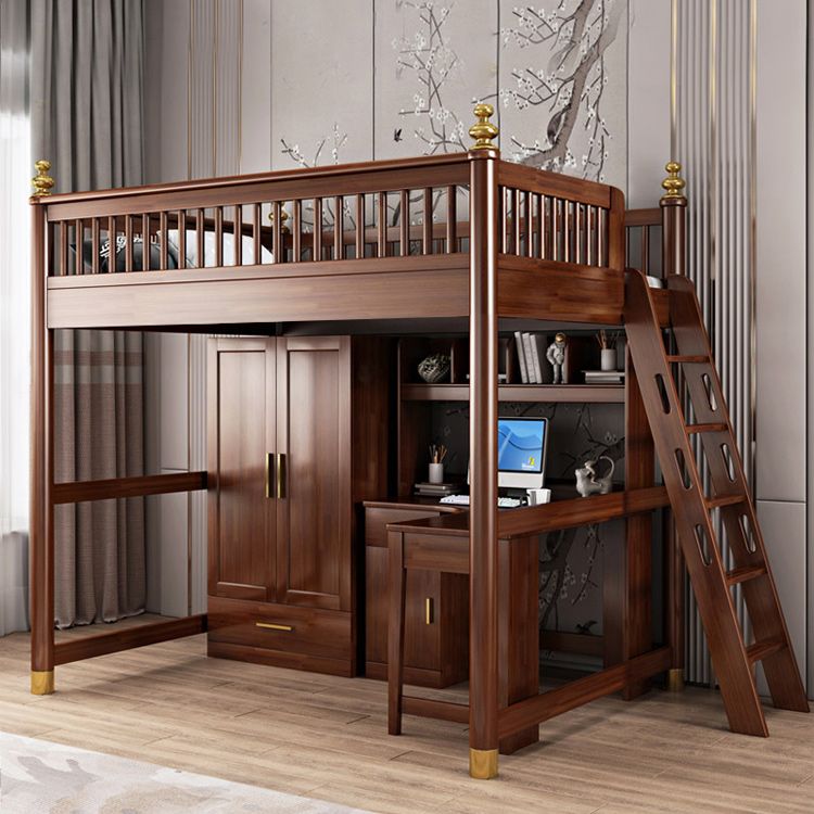 Solid Wood Loft Bed with Storage Scandinavian Brown Kids Bed with Open Frame