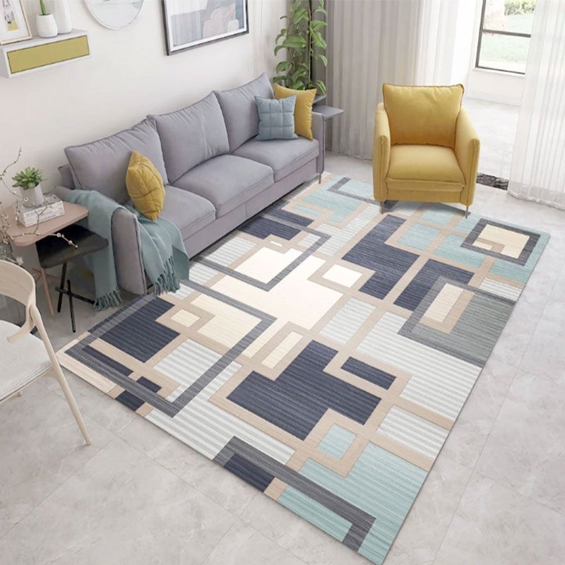 Blue Modern Area Carpet Geometric Print Area Rug Polyester Non-Slip Backing Rug for Home Decor