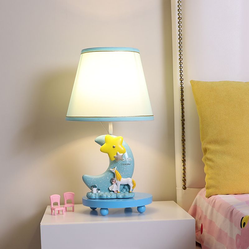Fabric Cone Night Table Lamp Cartoon 1-Head Blue Nightstand Lighting with Moon and Star Base