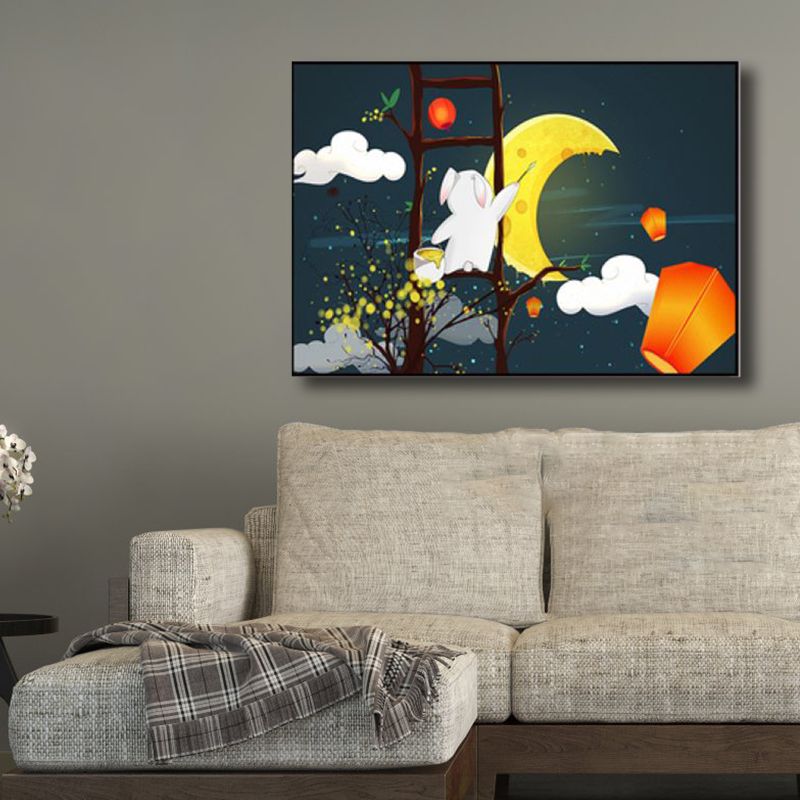 Night Sky Moon Scene Canvas Cartoon Textured Wall Art Decor in Dark Color for Home