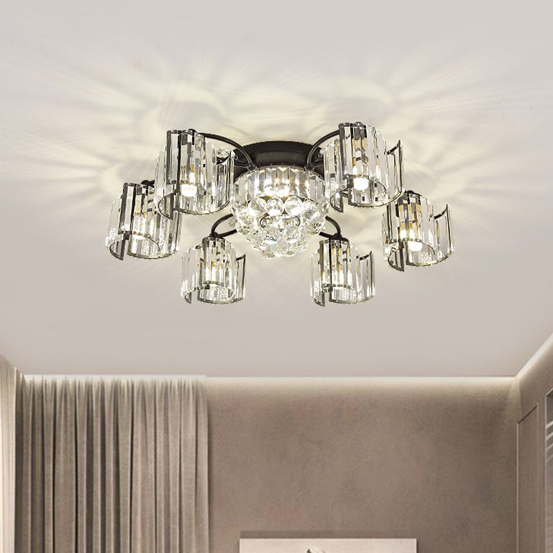 Curved Panel Semi Flush Mount Modern Crystal Rectangle 4/6 Heads Dining Room Ceiling Lighting in Black
