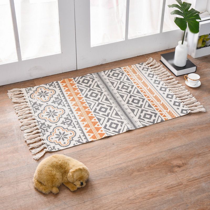 Bohemian Rug Cotton Fringe Carpet Non-Slip Backing Area Rug for Living Room