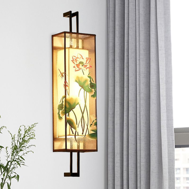 Orientalischer Stil Quaderform geformtes Stoff Wand Licht 2 Köpfe Wandmalblatt in Schwarz mit Lotusblatt/Zweigmuster
