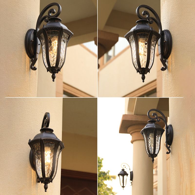 Rippled Glass Black Finish Sconce Bell Shaped 1-Light Vintage Style Wall Mounted Light for Yard