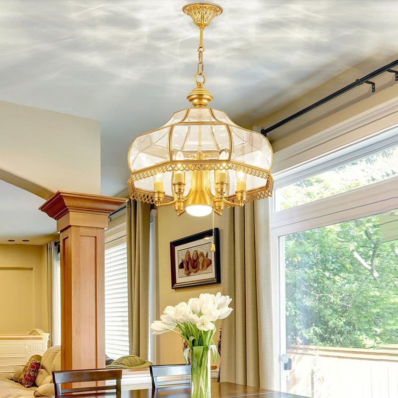 Plafonnier incurvé Plafond lustre en verre clair colonial 7 têtes Gold Hanging Lightture