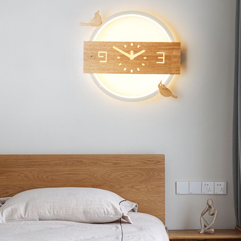 Circle Shape Wall Lighting Modern Style Wood 1 Light Sconce Lamp for Living Room
