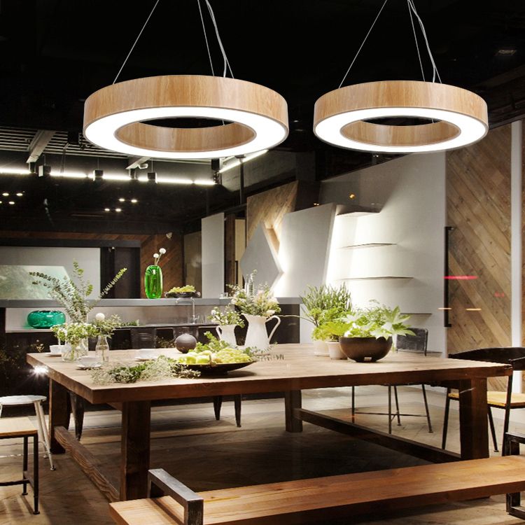 Illuminazione a sospensione circolare in stile nordico finitura in legno da ufficio in metallo luce a sospensione
