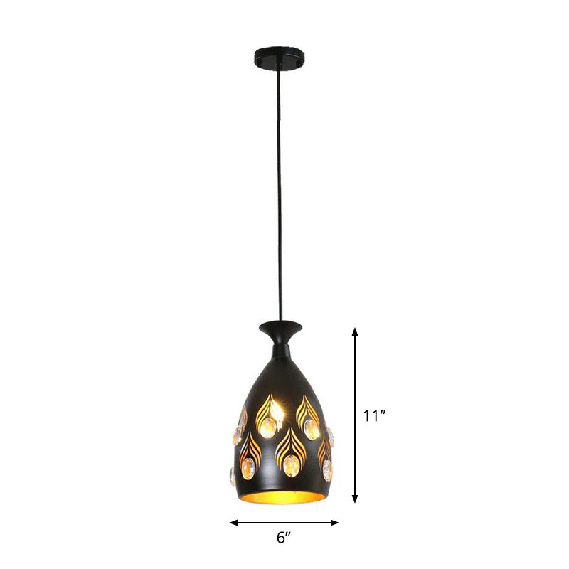 Cup Shaped Metal Cluster Pendant Light Artistic 3 Heads Black Hollowed-out Ceiling Lamp with Inserted Crystals