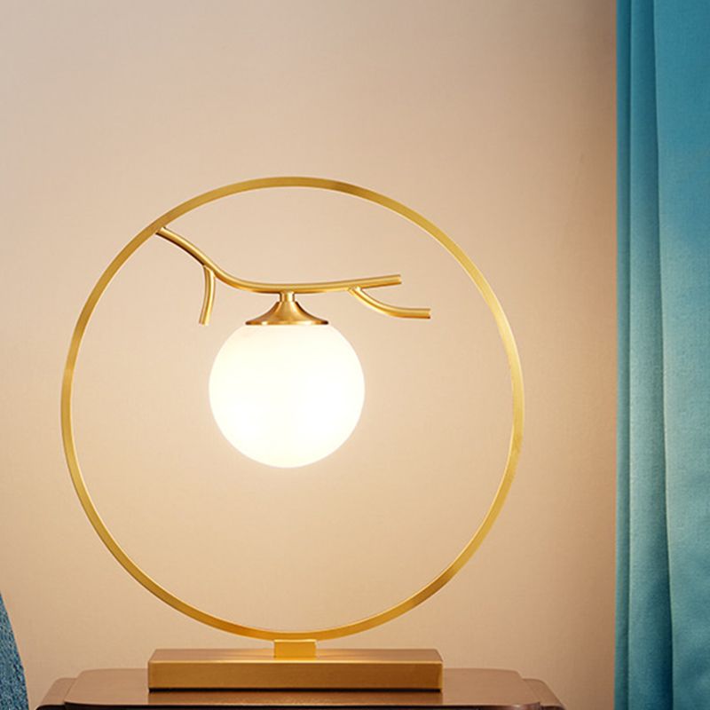 Postmodern Ball Shade Nightstand Lamp Ivory Glass 1-Light Living Room Table Light in Brass