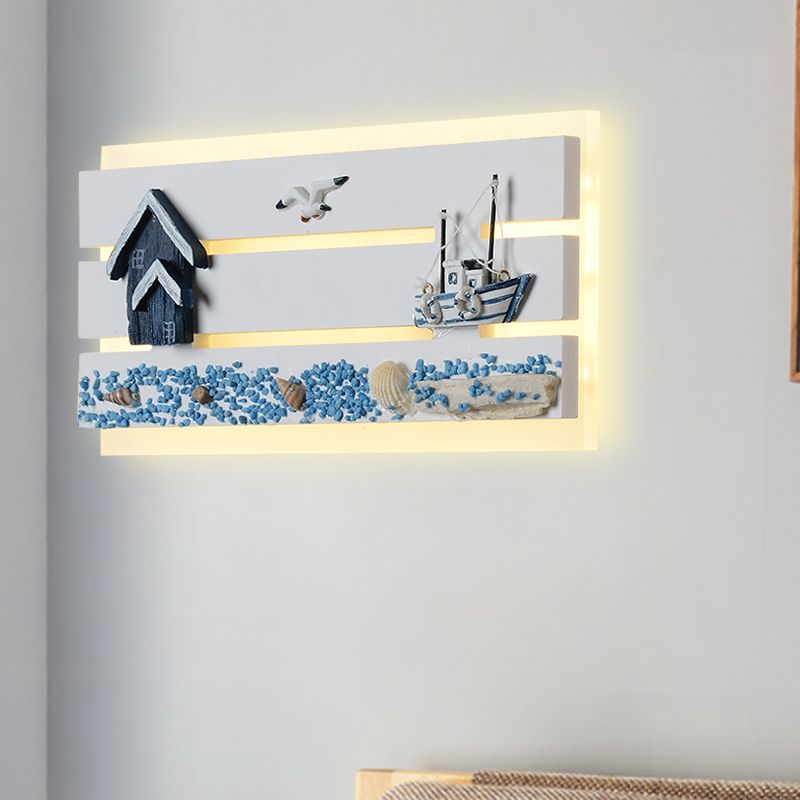 Acrylic Oblong Flush Wall Sconce Cartoon LED Wall Mounted Light with Wood Seagull and Sailboat Design