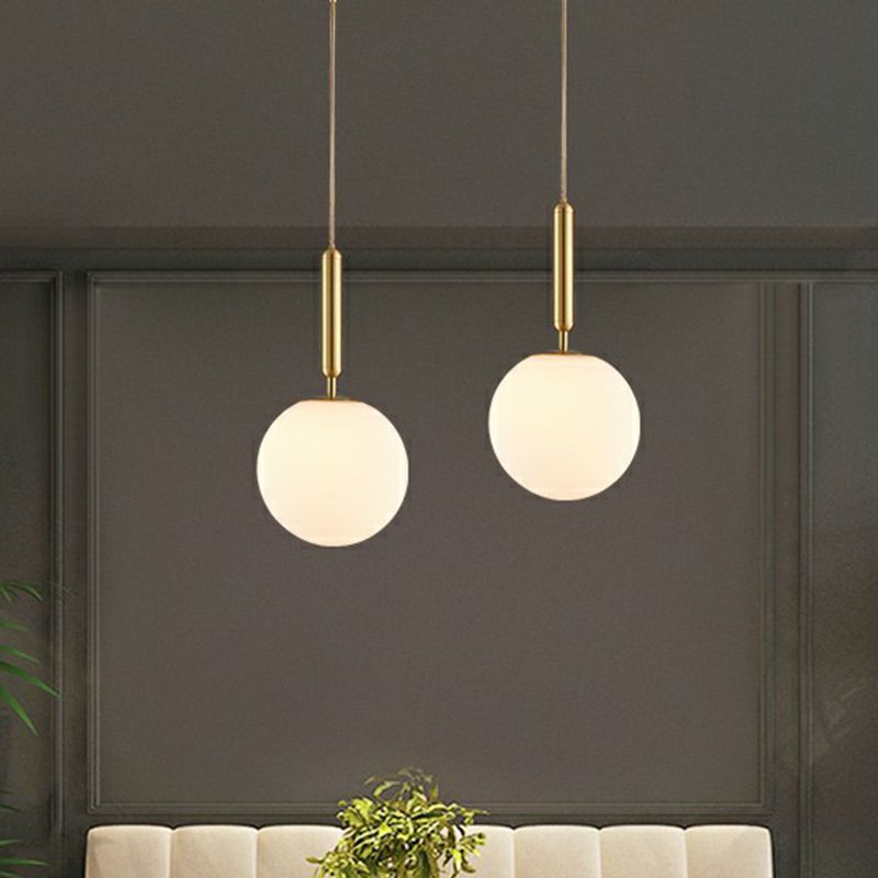 Ball Dining Room Pendulum Light White Glass 1-Head Simple Pendant Lighting in Brass