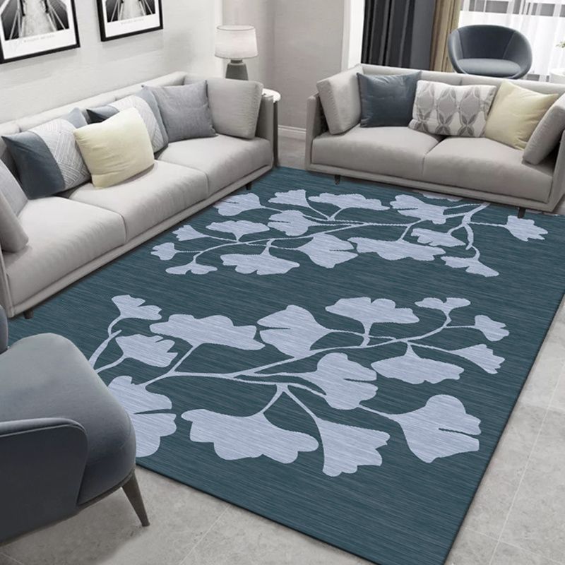 Blue Tone Modern Rug Polyester Carpet Flower Print Indoor Rug Non-Slip Backing for Living Room