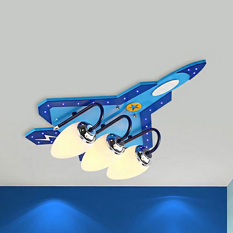 Kid Bedroom Fighter Plane Flush Mount Ceiling Light Metal 4 Bulbs Cartoon Blue Ceiling Light