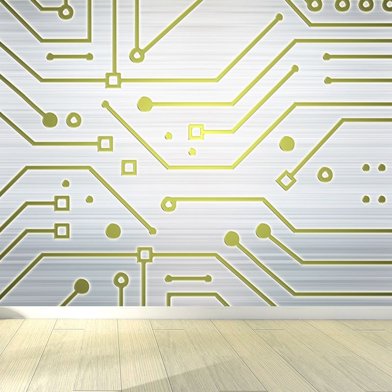 Industrial Circuit Board Mural Non-Woven Texture Waterproof Light Gray Wall Art for Bedroom
