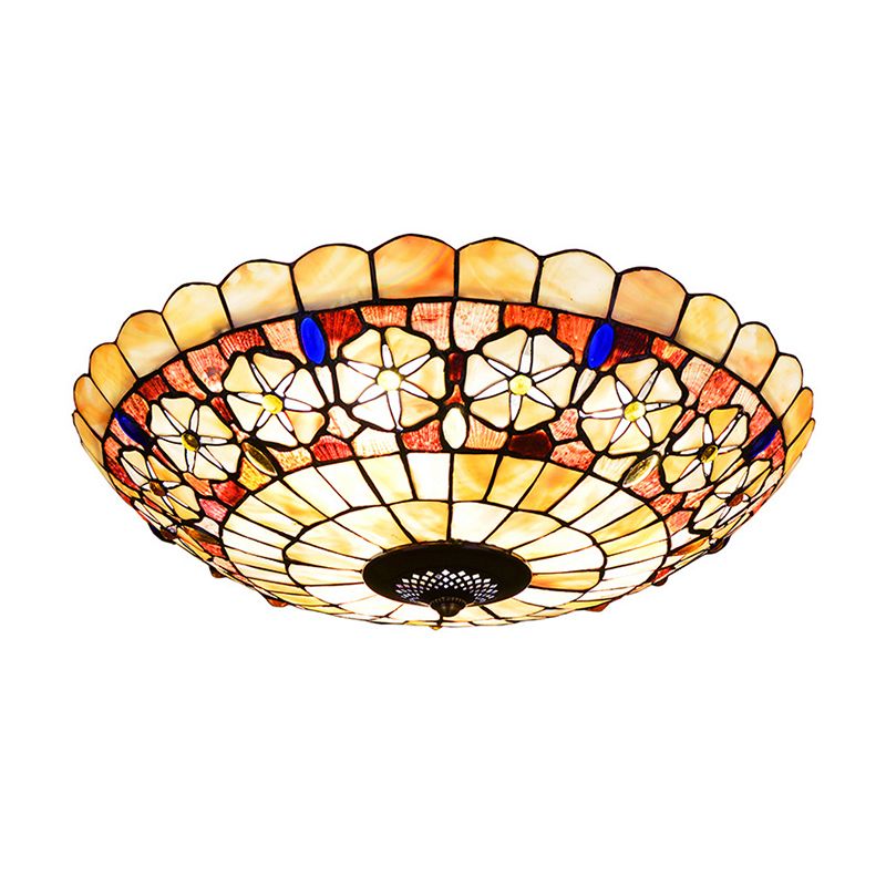 12"/21" Dia 3/4-Light Flush Mount Lamp Tiffany Bowl Shell Ceiling Fixture with Blossom Pattern in Beige