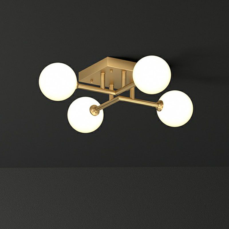 White Glass Balls Close to Ceiling Light Simplicity Gold Finish Semi Flush Mount Light Fixture