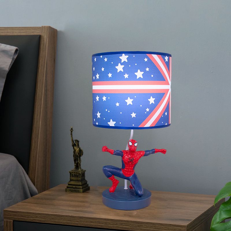 Lampada da comodino a tamburo in tessuto per bambini, 1 lampadina, illuminazione da comodino in blu con motivo a stella per la scuola materna