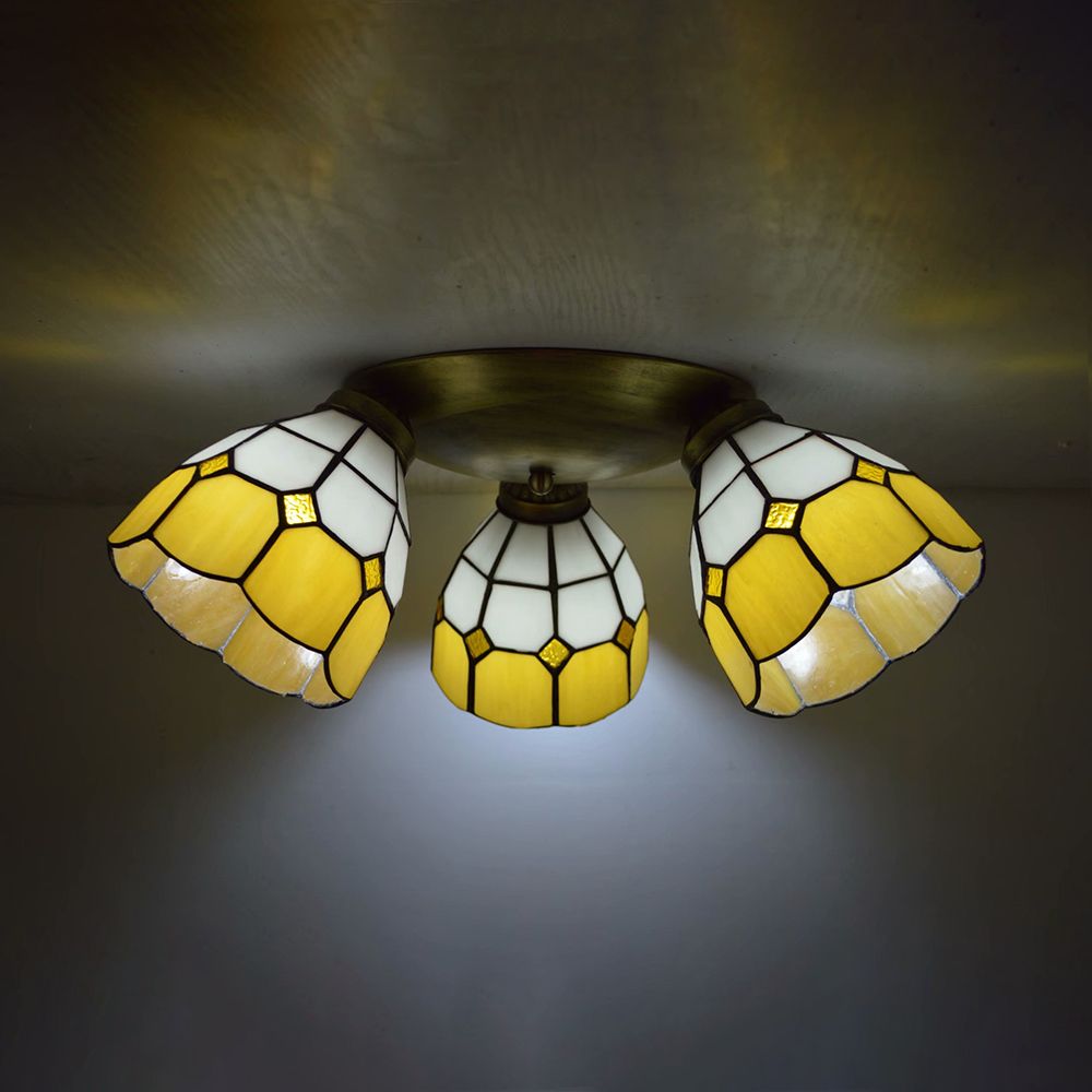 Tiffany Dome Ceiling Fixture Stained Glass 3 Lights Flush Mount Ceiling Light in Pink/Yellow/Orange/Sky Blue/Dark Blue for Dining Room