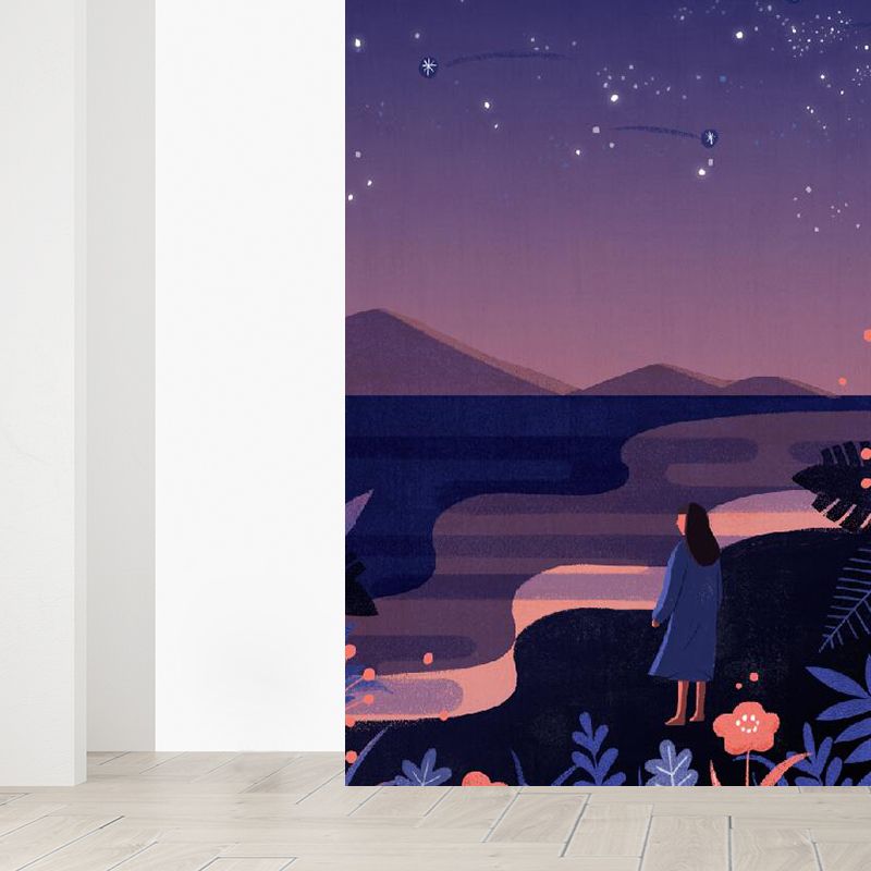 Starry Night Mural Decal Contemporary Non-Woven Textured Wall Covering in Purple