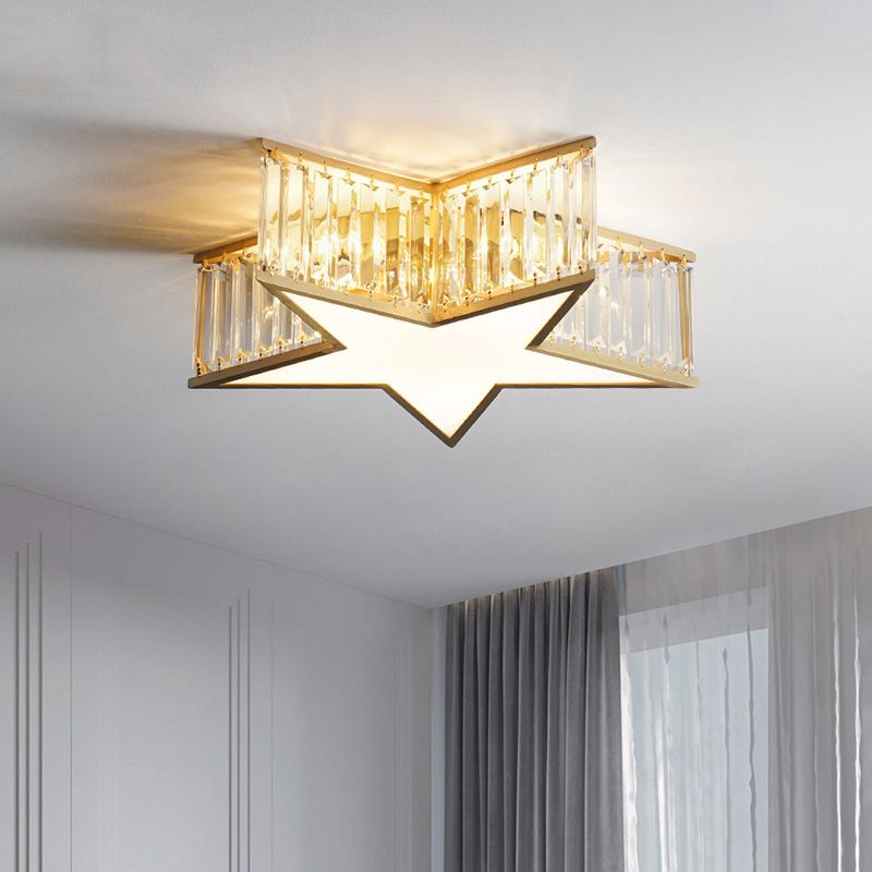 Plafonnier en forme d'étoile dorée, plafonnier à 5 lumières en cuivre de style créatif colonial avec abat-jour en cristal