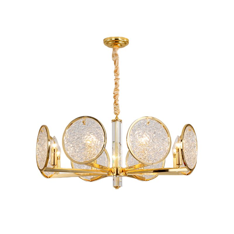 Postmodern Disc Chandelier 8 Heads Textured Glass Hanging Lamp in Gold over Dining Table