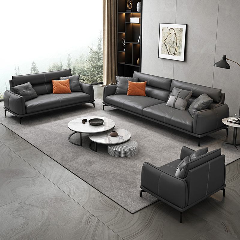 Upscale Grey Sofa with Four Legs Leather Sofa Living Room Seating