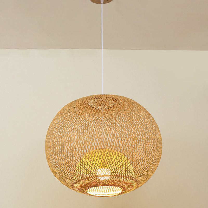 Sphere Bamboo Suspension Lighting Minimalist 1 Head Wood Pendant Ceiling Light for Tea Room