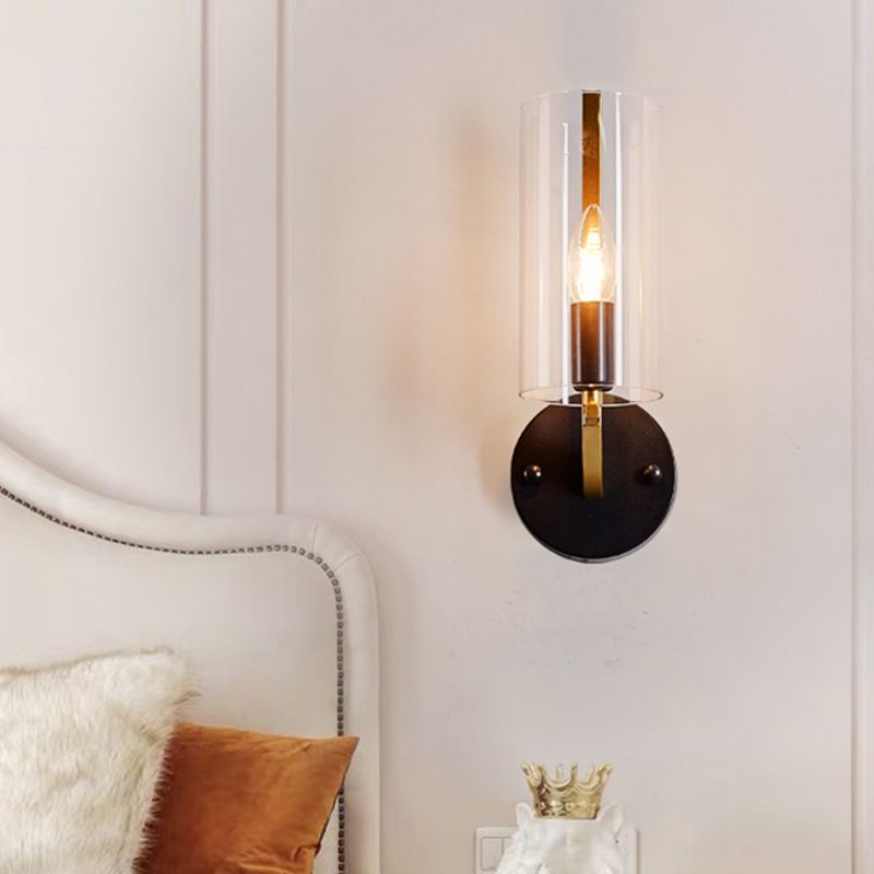 Traditional Candle Wall Mount Lighting Metal 1 Head Wall Mounted Lamp in Gold with Cylinder Clear Glass Shade
