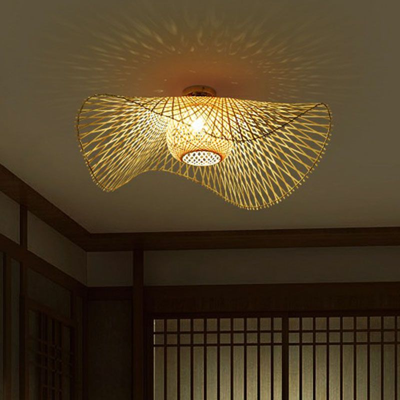 Straw Hat Flush Mount South-east Asia Bamboo Single Wood Flushmount Ceiling Light for Restaurant