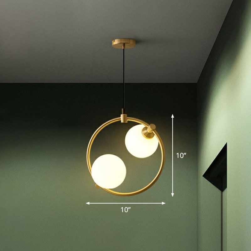 Simple Style Ball Pendant Chandelier Opal Glass 2-Bulb Dining Room Ceiling Light with Ring Deco in Gold