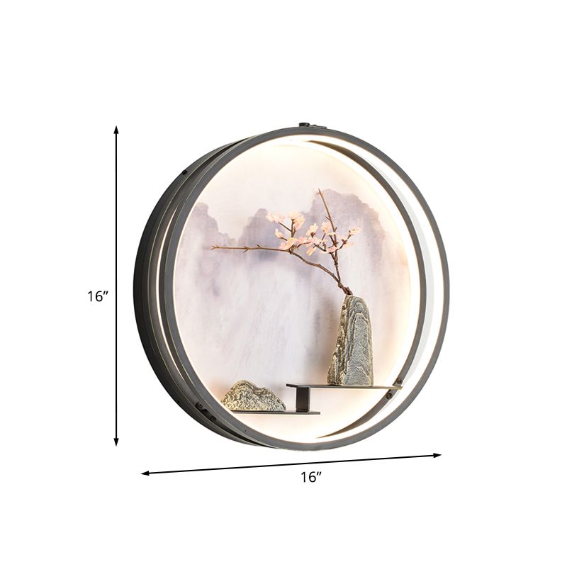 Oriental Rounded Metal Wall Mounted Light LED Wall Mural Lamp in Black with Mountain and Flower Pattern