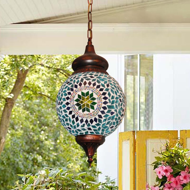 1 Bulb Orb Pendant Light Traditional Green Stained Glass Hanging Lamp for Living Room