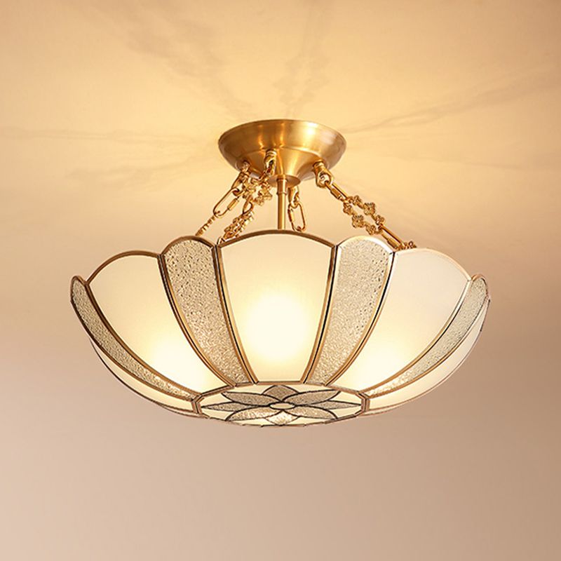 Inverted Bedroom Semi Flush Mount Light Vintage Glass Brass Ceiling Lighting