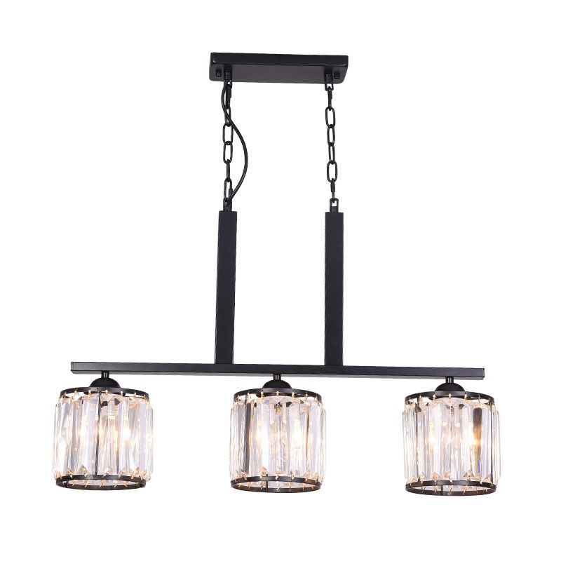 3-Light Cylindrical Island Pendant Rustic Black Prismatic Crystal Ceiling Pendant over Table