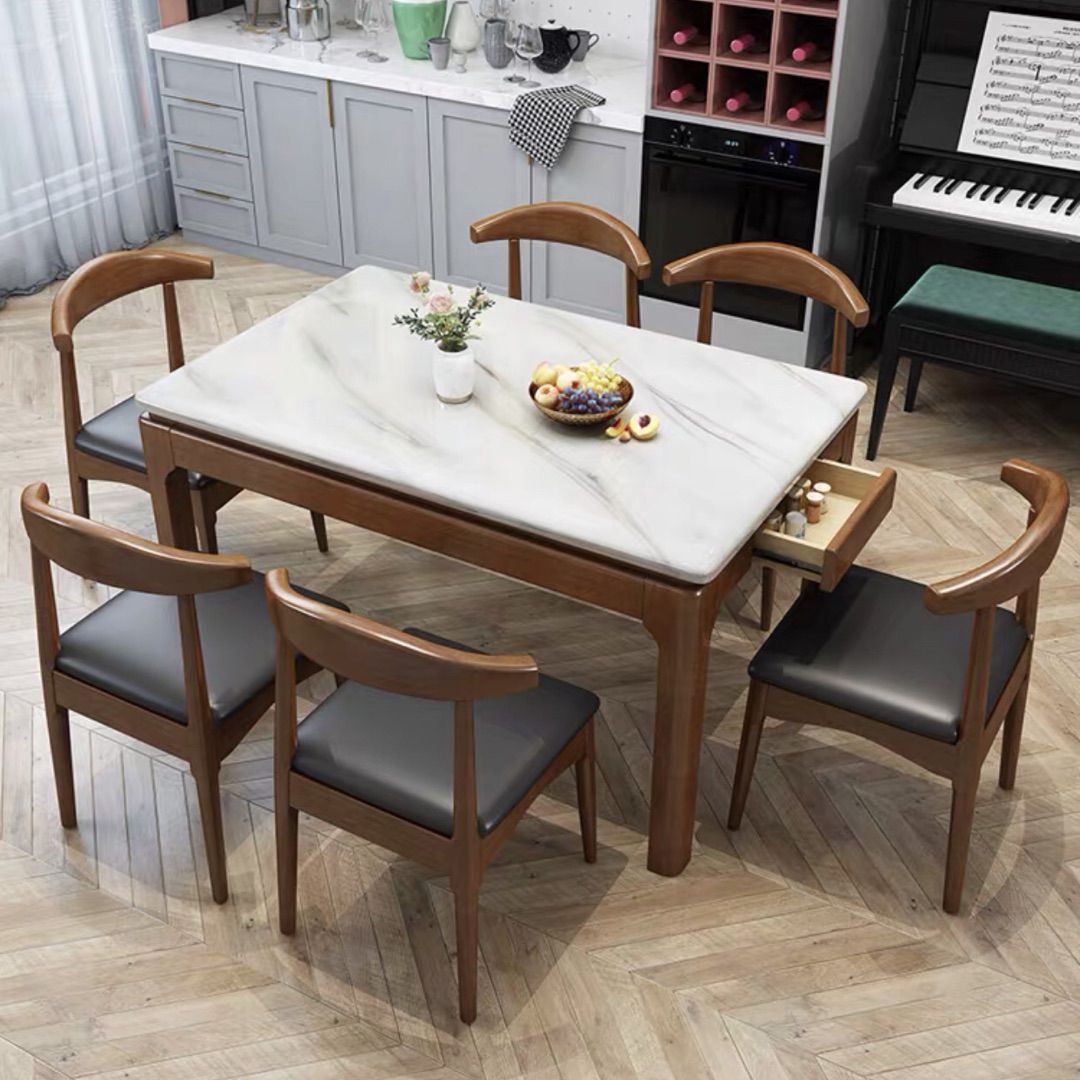 Traditional Fixed Marble Top Dining Room Table with 4 Solid Wood Legs for Kitchen Dining Set