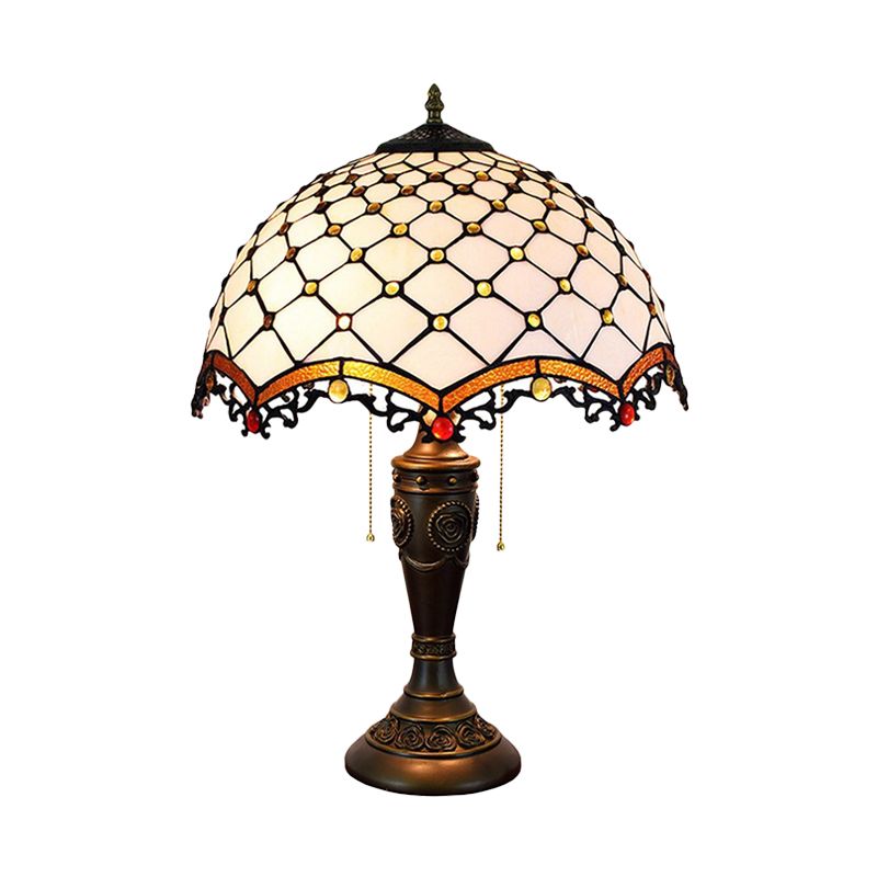 White Glass Fishscale Table Light Baroque Style 2 Lights Bronze Night Lamp with Pull Chain for Sitting Room