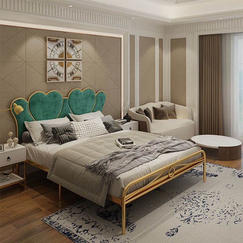 Metal Wire-Grid Bed Frame Upholstered Panel Bed with Heart-Shaped Headboard
