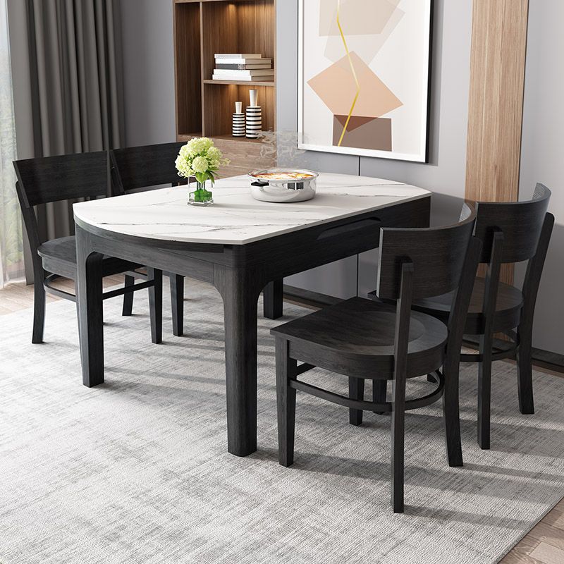 Round Contemporary Dining Table Sintered Stone Table with 4 Black Ash Solid Wood Legs