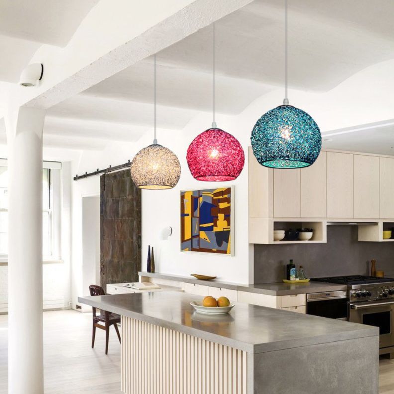 Aluminum Wire Spherical Pendant Macaron Style 1-Light Suspended Lighting Fixture