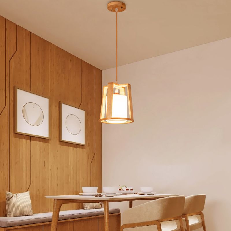 Modern Creative Pendant Light Wooden Geometric Hanging Lamp with White Fabrics Shade