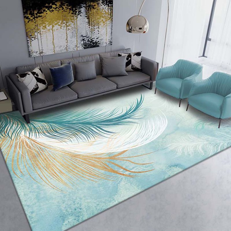 Blue Tone Modern Indoor Rug Polyester Leaves Print Carpet Easy Care Rug for Home Decoration