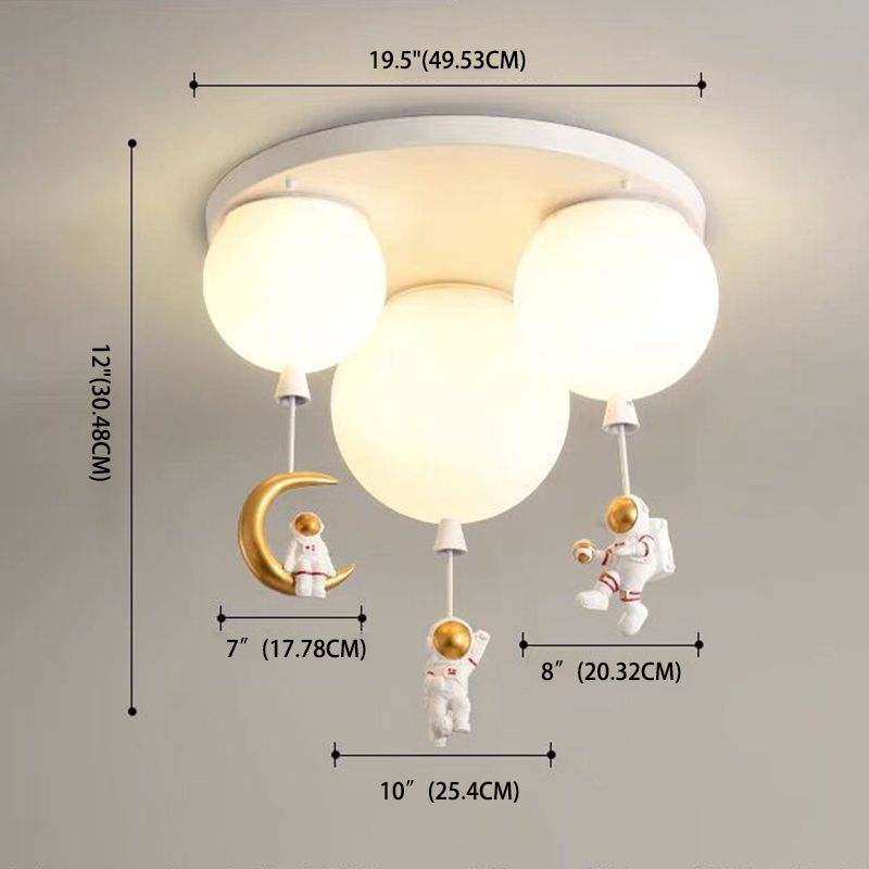 White Glass Balloon Ceiling Lamp Childrens Style Flush Mount Lighting with Resin Toy