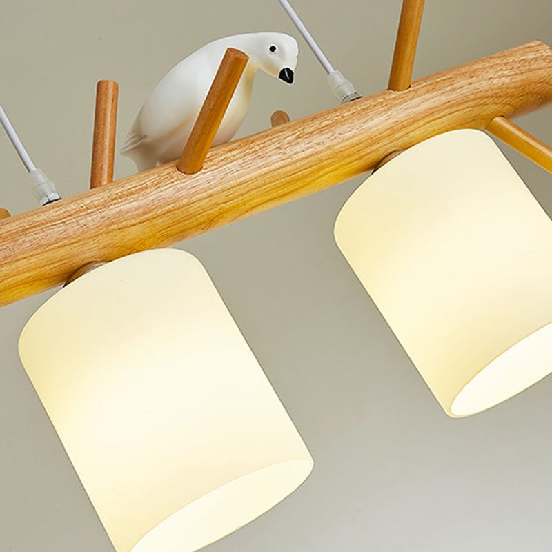 Modern Island Light Wooden Island Hanging Light with Glass Shade for Living Room